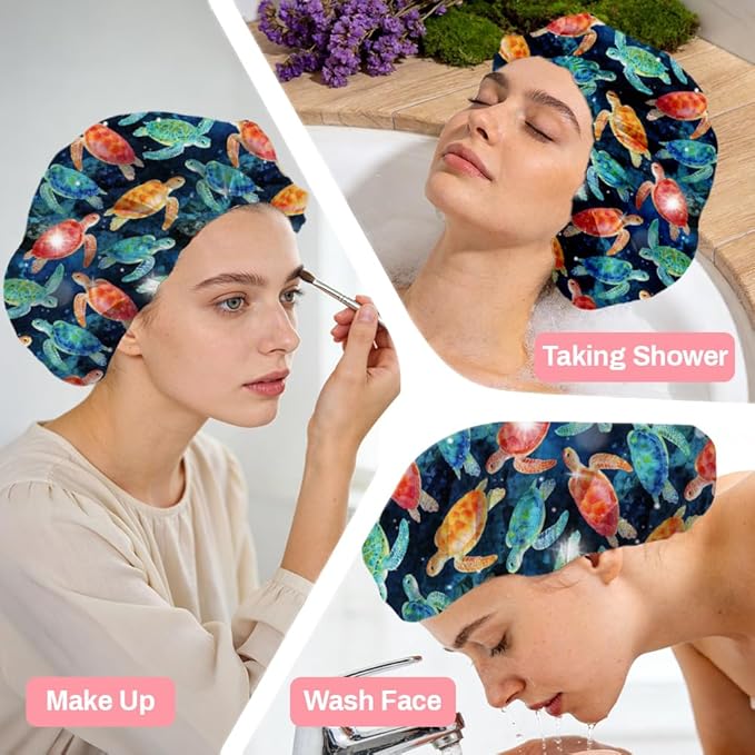 Sea Turtle Reusable Shower Cap Ocean Double Layer Waterproof Shower Caps Large Elastic Hair Cover Adjustable Hair - Drying Caps for Woman Man Bath SPA Travel One Size Fits Most