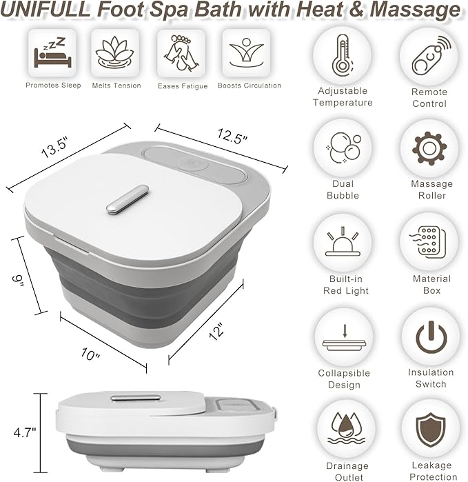 UNIFULL Collapsible Foot Spa Bath with Heat and Massage Rollers, Bubble, Foot Pedicure Kit, Temperature Control, Red Light, Pedicure Foot Spa, Foot Bath