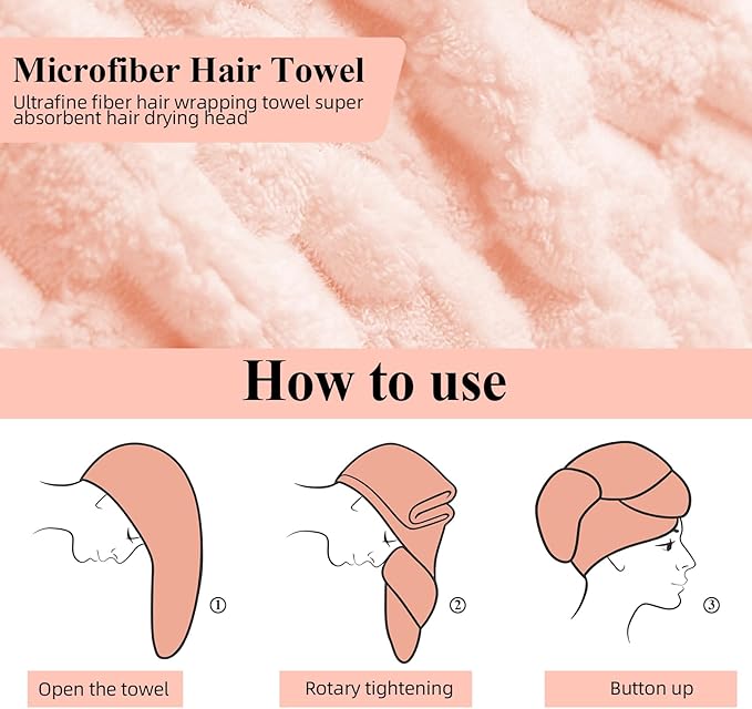 Hair Drying Towels, 19.7x31.5 inch Hair Towels with Elastic Strap, Extra Large Hair Towel Wrap for Women, Super Soft Hair Drying Towels for Long, Thick, Curly Hair, Anti-Frizz Turbans, PINK Color.