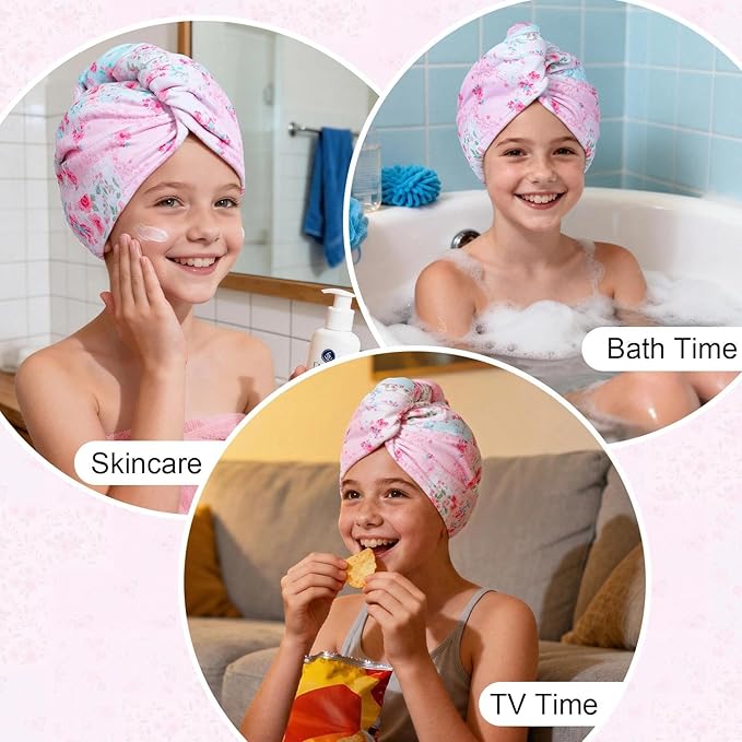 2 Pack Microfiber Hair Towel Wrap for Girls, Quick Dry Hair Turban for Kids, Absorbent Frizz-Free Hair Drying Towel with Button for Long Thick Curly Hair, Pink Flowers
