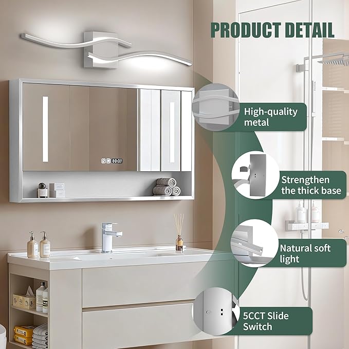 Espird 23inch Led Bathroom Vanity Light Bar, Brushed Nickel 5CCT Dimmable 2700-6500K Vanity Lights for Bathroom, Modern Bathroom Light Fixtures Over Mirror Led Lighting Fixtures