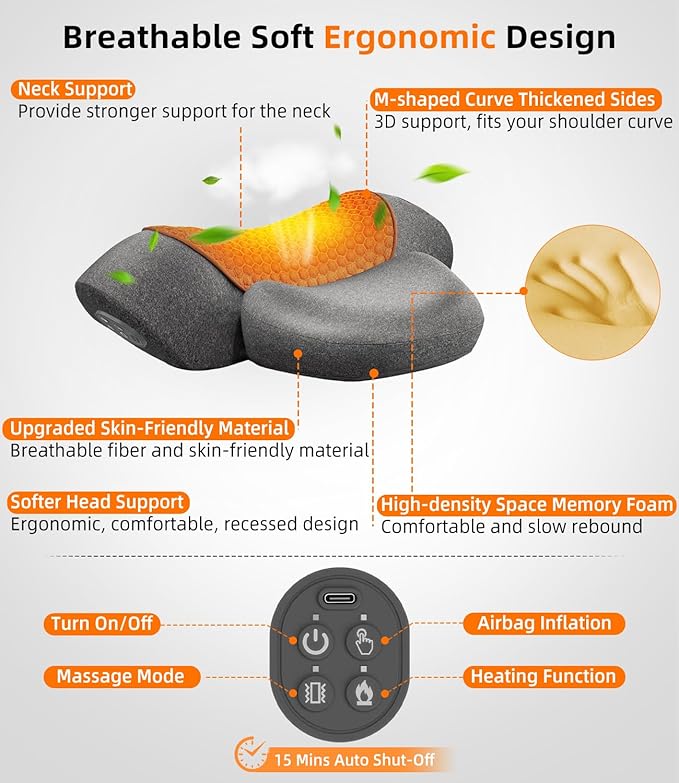 Upalled Cordless Heated Neck Massager Pillow for Pain Relief Deep Tissue, 3-in-1 Rechargeable Neck Cervical Traction Device with Heat, Massage, Electric Stretch, Ergonomic Neck Shoulder Relaxer, Grey