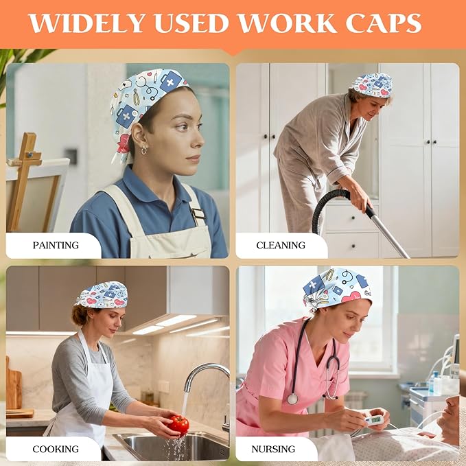 Adjustable Scrub Cap with Buttons & Sweatband, Working Hat with Elastic Tie Back, Unisex Nurse Surgical Caps for Women & Men