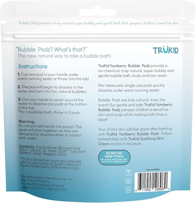 TruKid Bubble Podz Bubble Bath for Kids, Toddlers, & Babies, Tear Free Gentle & Refreshing Bath Bomb for Sensitive Skin with Natural Moisturizers, Non-Toxic, pH Balanced, Yumberry Scent (10 Podz)