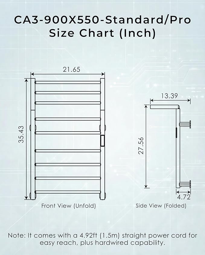 Foldable Heated Towel Rack, Dual-Zone Electric Towel Warmer Rack with Timer, GFCI Plug-in or Hardwired, Wall-Mounted, Drill-Free Installation, Twilight Grey, CA3-900X550-Standard-TG