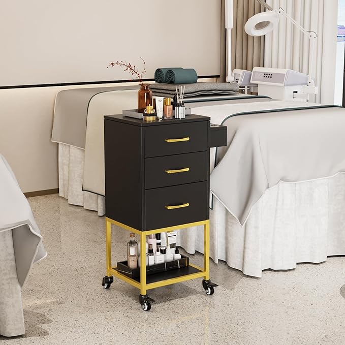 OmySalon Beauty Salon Storage Trolley Cart, Salon Station for Stylist, Wooden Hair Cabinet with Dryer Holder & Drawer, Hairdressing Tools Organizer Equipment for Spa Barbershop Lash Tattoo, Black