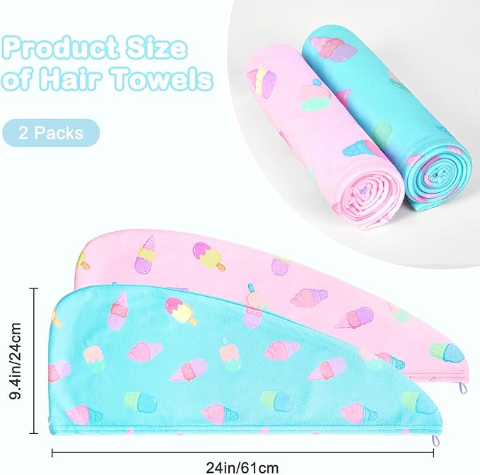 FIOBEE Microfiber Hair Towel Wrap for Kid Rapid Drying Towel Absorbent Hair Turbans for Wet Hair with Button Women Girls Long Curly Hair Pack of 2, Teal/Pink Ice Cream