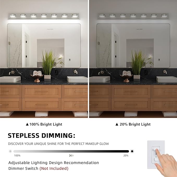 55.12inch Brushed Nickel Vanity Light Fixtures, 7 Light LED Bathroom Vanity Lights Over Mirror, Modern Dimmable Bathroom Wall Lighting for Mirror (Cool White 5500K)