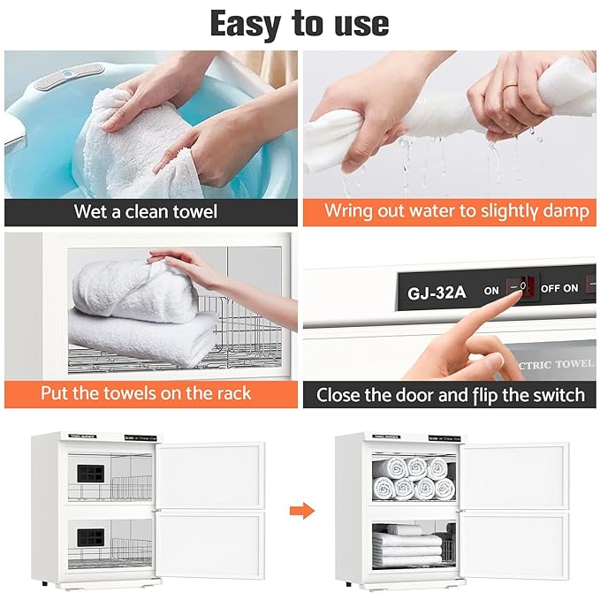 Kikihouse Hot Towel Warmer, 32L Large Capacity Hot Towel Cabinet, Facial Towel Warmers with Clip & Stainless Steel Rack & Water Drip Tray, Fits 80 Towels, for Spa, Salon, Esthetician