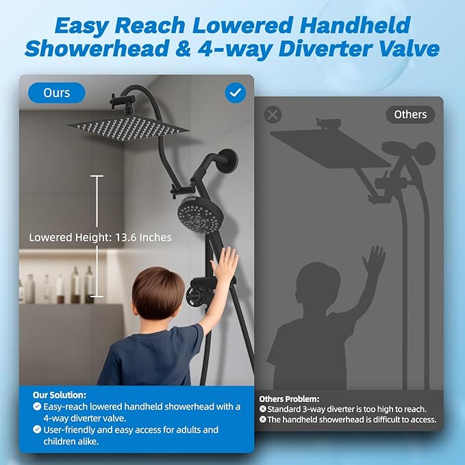 Hibbent cUPC Certified All Metal 8" Rainfall Showerhead Combo, High Pressure Shower Head with 10-Spray Handheld, Innovative 4-way Diverter with Pause Mode, 71'' Shower Hose & Holder, Matte Black