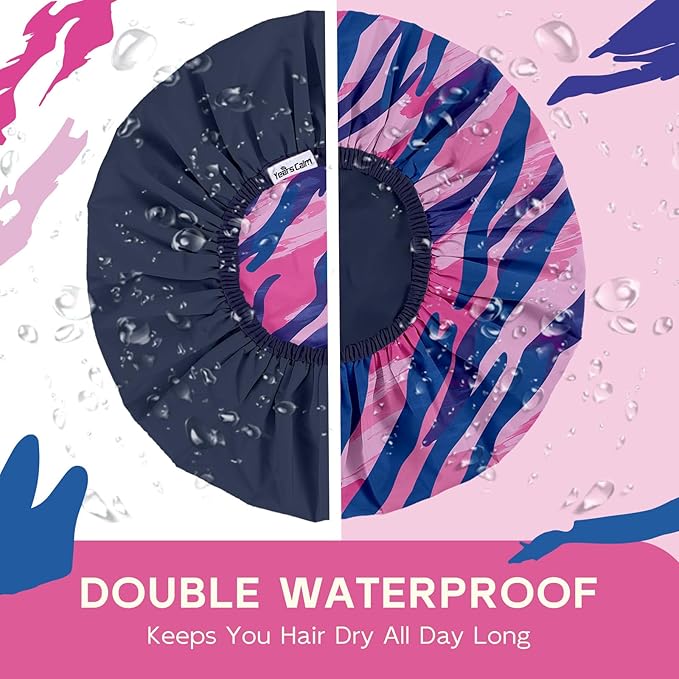 Years calm Waterproof Shower Cap for Women - Double-Layer Reusable Bath Cap with Elastic Band for Long/Short/Curly/Braids Hair, Washable & Travel-Friendly, Fit for Shower, Spa (Stripe Shower Cap)