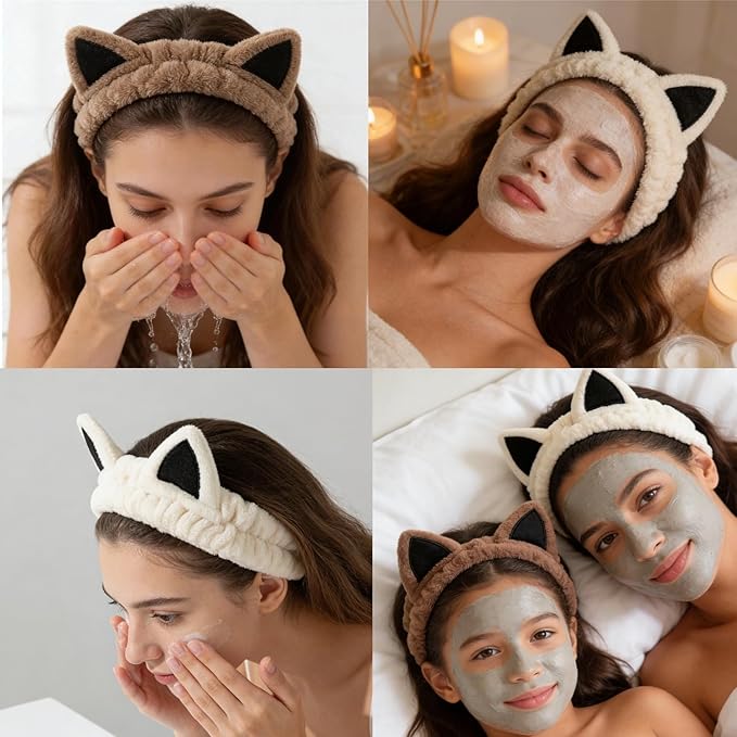 2 PCS Cute Cat Ear Spa Headband For Washing Face, Skincare Makeup Headbands For Women, Soft Coral Fleece Hair Accessories (Beige+ Khaki)