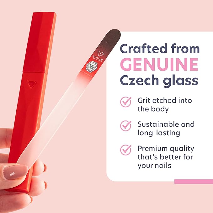 Bona Fide Beauty Czech Glass Nail File for Natural Nails (Black Red), 1Pc Crystal Nail Filer with Case Made in the EU