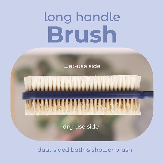 MainBasics Back Scrubber for Shower, Long Handle Body Brush with Dual-Sided Exfoliating and Soft Bristles, 15.75 Inch (Blue)