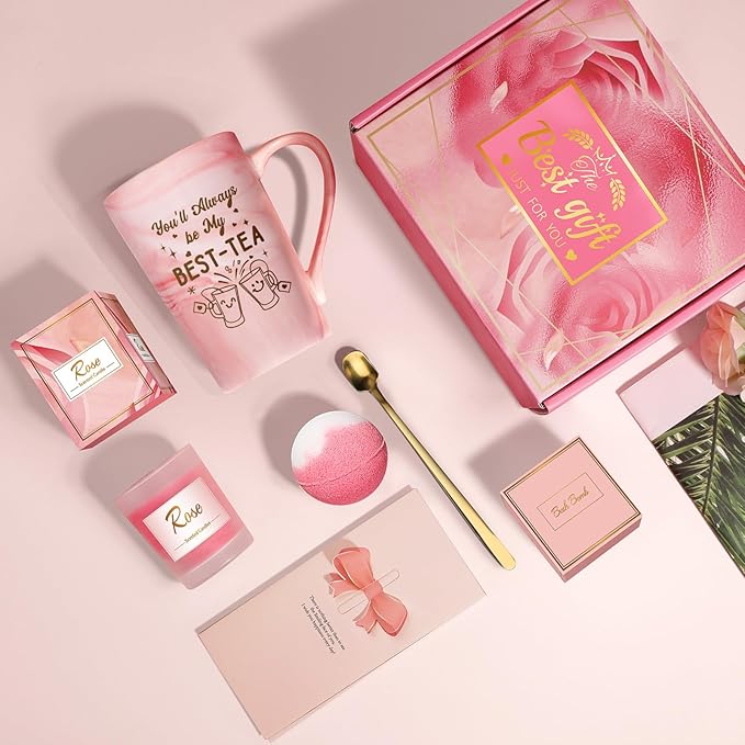 Bestie Gifts for Women: Eletorot BEST-TEA Friendship Gift for Best Friend Female, Pink Spa Relaxation Baskets Set, Galentines, Valentines, Mothers Day, Birthday, Christmas, Funny BFF Present