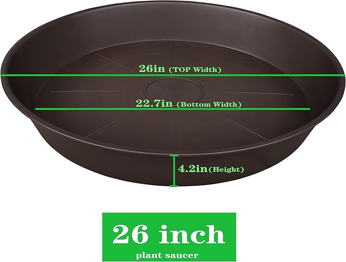2 Pack of 26 inch Plant Saucer Round, 4.2" Depth Tray, Large Deep Plant Saucers for Pots, Heavy Duty Plastic Flower Plant Water Trays for Indoors Outdoor, Plant Drip Trays (Brown)