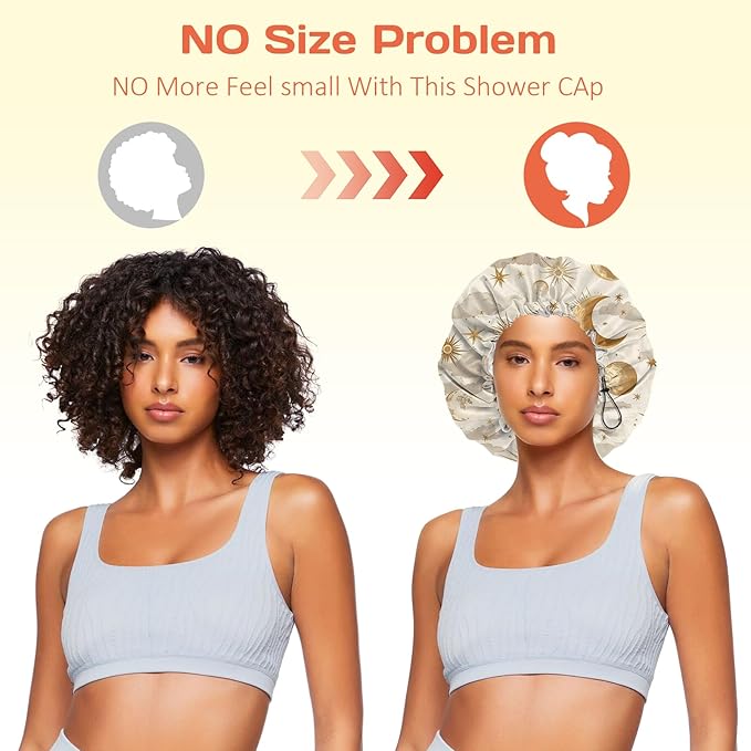 Shower Cap Reusable Double Layer Adjustable Elastic Waterproof EVA Hair Bath Caps for Women Girls Cute Aesthetic-Sun