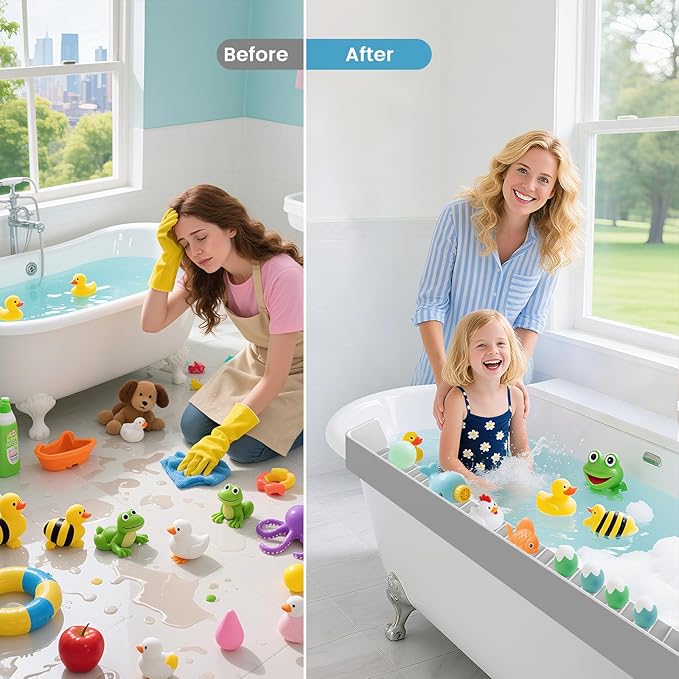 Bathtub Splash Guard PlayPad Shelf Area with Strong Suction Cups, Toy Tray Caddy Holder Storage Over Tub, Bathtub Ledge Guard, No Mess Water, Splash Protection Water Barrier for Bathroom-Gray