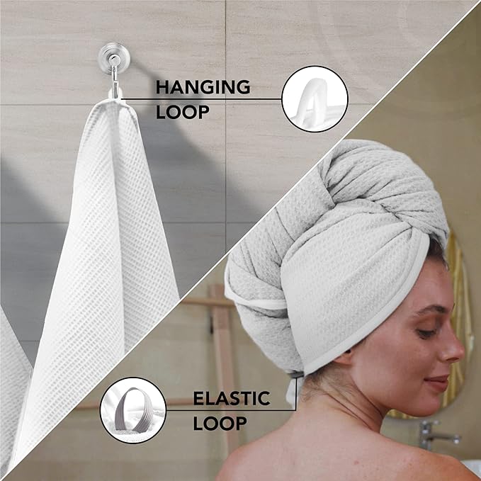 Microfiber Hair Wrap for Women - Extra Large 45 x 25 Anti-Frizz Quick Dry, Breathable Waffle Knit Towel with Elastic Loop for All Hair Types - Microfiber Towel