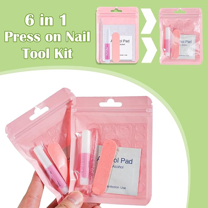 Press On Nail Tool Kit with Everything, Bebbtiy Press On Nail Prep Tool Kit Disposable Manicure Kit with Nail File, Nail Glue, Prep Pads, Adhesive Nail Tabs, Wood Stick, Packaging Bag (50pcs-pink)