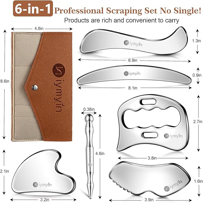 6-in-1 Stainless Steel Muscle & Fascia Scraper Tool Set, for Body Skin Massage and Sore Muscles, Myofascial, Iastm Tools, Soft Tissue Mobilization Tools, Full Body Gua Sha Kit, Gift-for Her