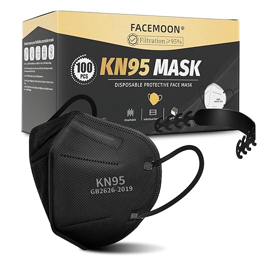 KN95 Face Masks Black Adults - 100 Pack Disposable Masks Comfortable 5-Layer Safety Face Masks & 5 Adjustable Masks Extender Masks Large Size