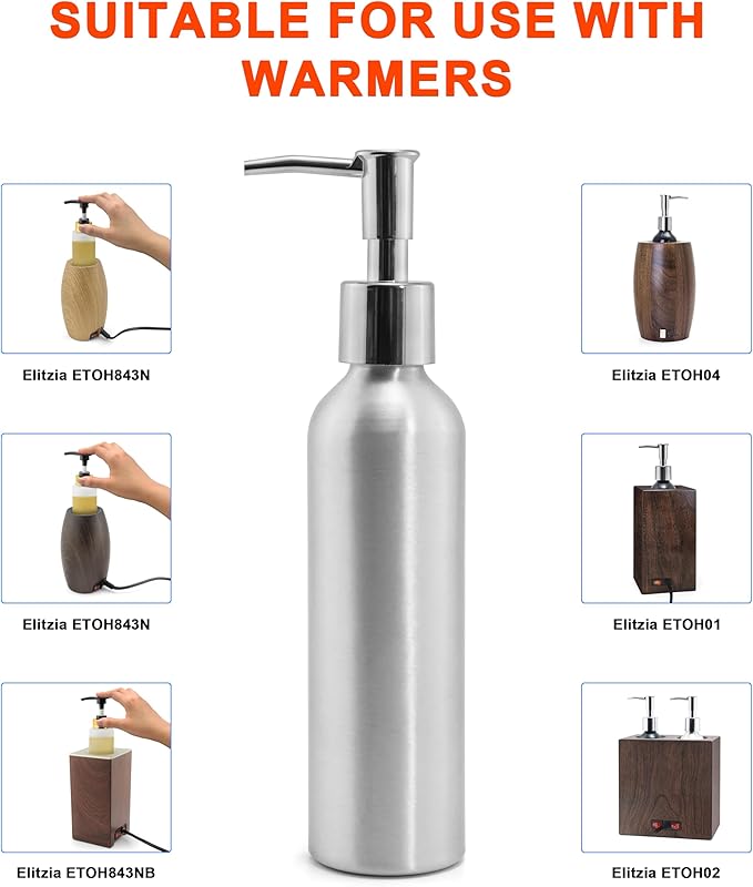 Elitzia ETAW02S ETAW03 Massage Oil Warmer Use Metal Pump Bottle Dispenser 1 Pack 8.45oz/250ml Portable Cylinder Massage Oil Gel Lotion Pump Durable Refillable Containers (Aluminum Bottle)