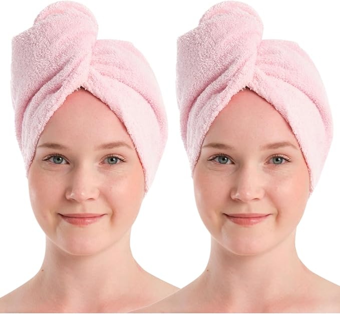 100% Turkish Cotton Hair Towel Wrap 2 Pack – Oeko-TEX Certified Quick Dry Turban for Wet Hair – Soft, Absorbent, Gentle on Curly & Long Hair – 10x26 Inch