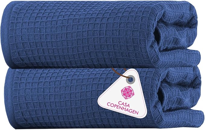 CASA COPENHAGEN Waffle 2Pcs 100% Egyptian Cotton Large Designer Bathsheet Towels Gift Set- Navy, 35"x70" 2Bath Sheet Towels for Bathroom (Box Pack, Set for Women & Men)