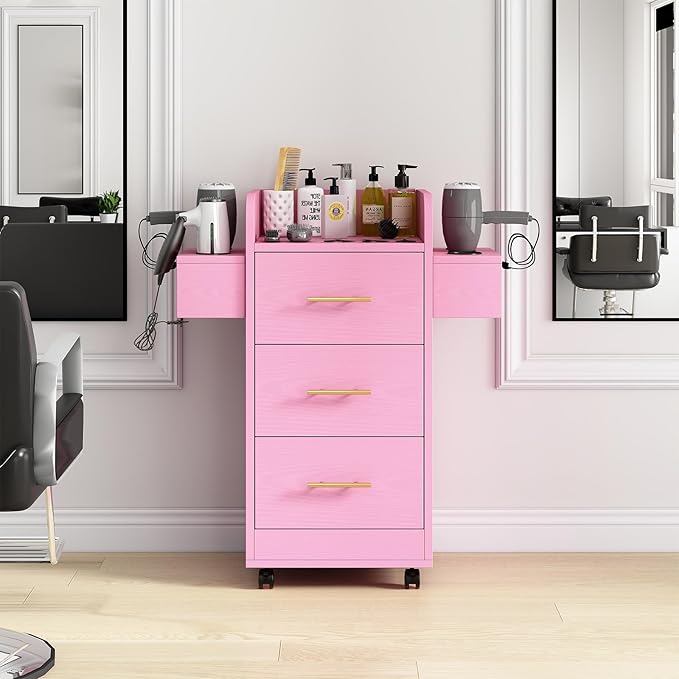 4ever2buy Rolling Salon Station for Hair Stylist, Salon Trolley Cart with with Wheels, Hair Stylist Beauty Barber Station, 6 Hair Dryer Holders & 3 Drawers, Pink and Gold