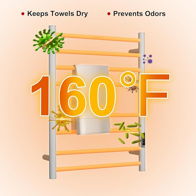 Heated Towel Racks for Bathroom, Wall Mounted Electric Towel Warmer Racks with Timer & Temperature Control, Stainless Steel Towel Heater for Bathroom (Round-White, 8 Bars)