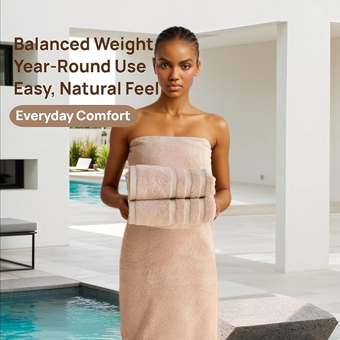 Bath Towels 4 Pack, 30 x 60 Inches, Large 100% Cotton Towels, Soft, Absorbent, Comfortable for Home, Spa, and Gym, (Beige)