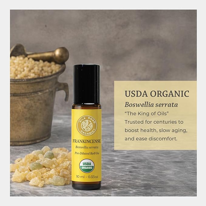 Silk Road Organic Frankincense Serrata Essential Oil Roll on for Deep Relief of Body Aches & Stiffness | USDA Certified Aromatherapy Roller (10 ml)