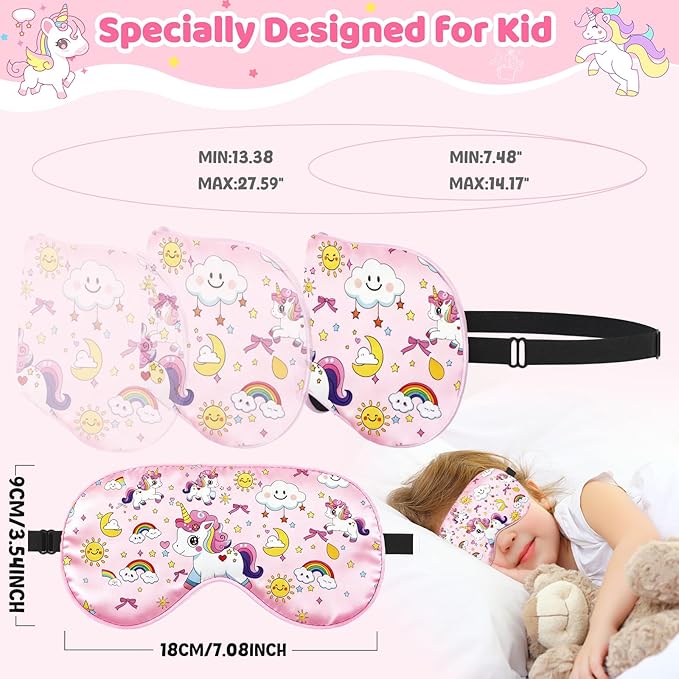 2 Pcs Sleep Mask for Kids Girls, Silk Eye Covers for Sleeping, Adjustable Strap & Light Blocking Design, Children's Bedtime Blindfold for Travel and Home Use with Gift Box (Rainbow Unicorn)