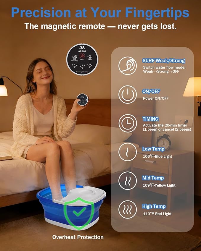 Misiki Collapsible Foot Spa Bath with Heat, Remote Control & 16 Massage Rollers, Fast Heating Pedicure Tub for Relaxing Tired Feet, Foot Soaker with Surf & Red Light, Fits Men Size 12 (Royal Blue)