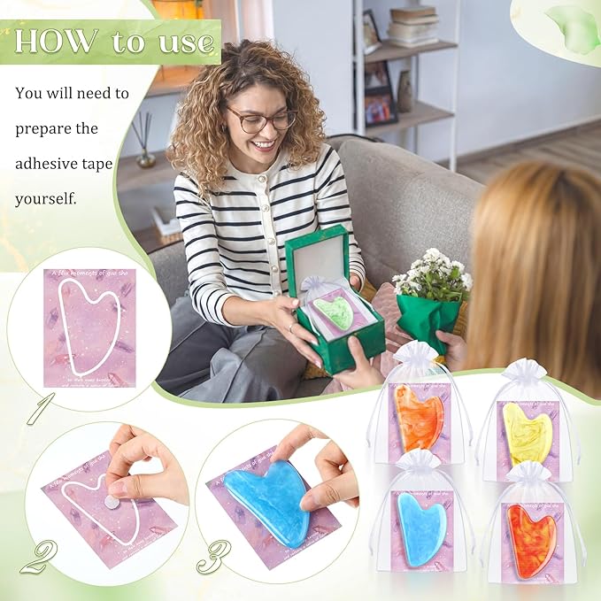 Sherr 24 Sets Gua Sha Facial Tools Bulk Resin Heart Shaped Guasha Boards with Organza Pouch and Cards for Face Body Massage Relaxation Self Care Ideal Spa Acupuncture Prevent Wrinkles(Deep Colors)