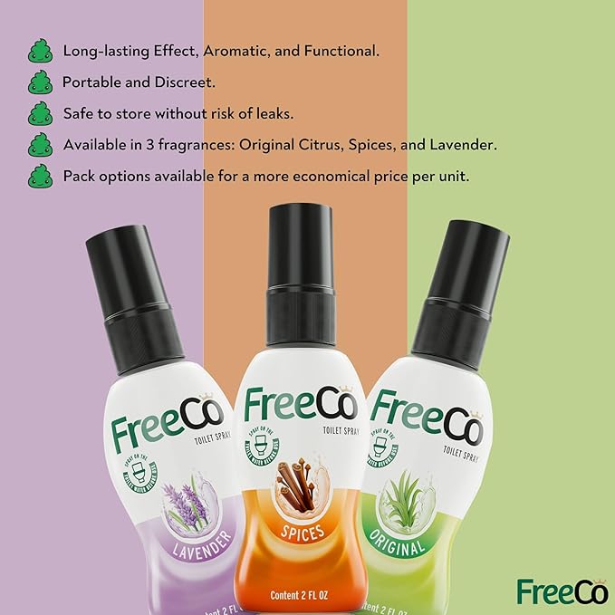 Freeco Before-you-go Toilet Spray | Stops odour Before it Begins with Essential Oils | Ideal for Home, Office, Public Spaces & Travel | Pack 1x60ml, Citrus Scent (2 Pack, Mix (Citrus, Lavender))