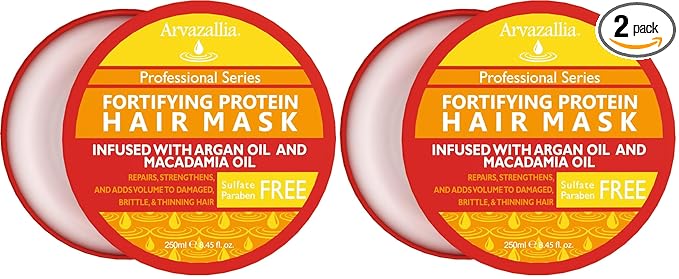 Arvazallia Fortifying Protein Hair Mask and Deep Conditioner with Argan Oil and Macadamia Oil Hair Repair Treatment for Damaged, Brittle, or Thinning Hair - Promotes Natural Hair Growth (Pack of 2)
