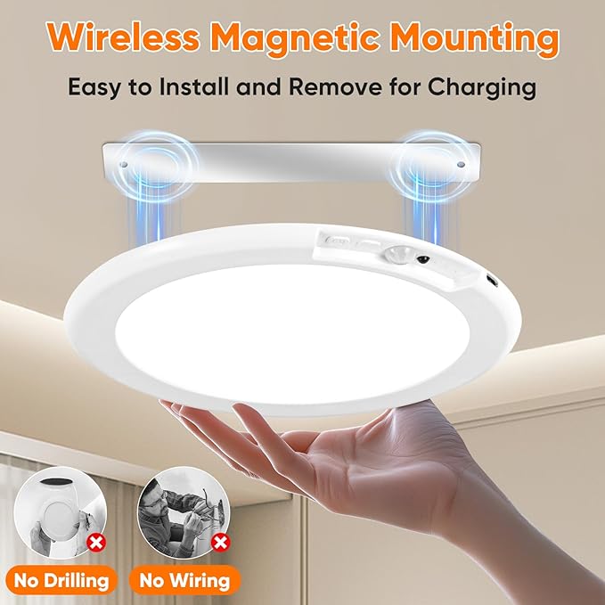 Bairth Rechargeable Motion Sensor Ceiling Lights with Remote, Battery Operated Ceiling Lights No Wiring, Wireless 3 Colors Dimmable Overhead Lamps for Closet Shower Shed Hallway, 4-Pack