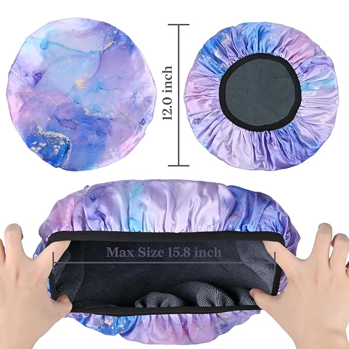 Purple Marble Print Satin Shower Cap, Three-Layer Terry Cloth Lined, with Silk Hair Ties, Microfiber Waterproof Reusable Large Size Shower Cap for Women Long Thick Hair