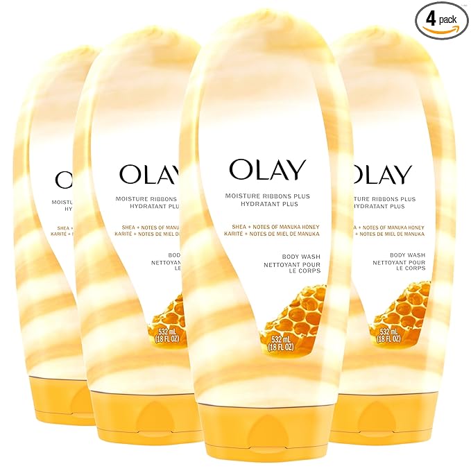 Olay Body Wash for Women, Moisture Ribbons Plus, Deep Conditioning & Moisturizing Formula, Long Lasting Smooth Soft Skin, For All Skin Types, Shea Butter & Manuka Honey Scent, 18 fl oz (Pack of 4)