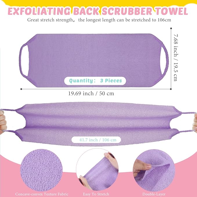 4 Pack Exfoliating Washcloth Back Scrubber Set, 2 Exfoliating Body Scrubber Nylon Back Body Scrub Towel, 2 Pairs Shower Gloves for Women Men Bath Shower Exfoliation(Pink, Purple)
