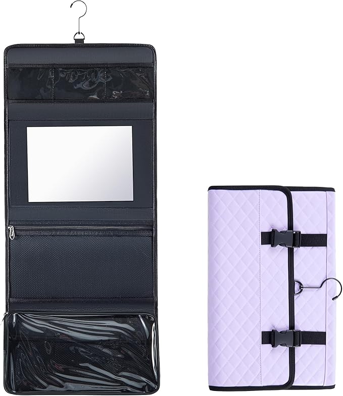 Travel Hanging Toiletry Bag with Mirror Leather Travel Hanging Mirror Foldable Dance Competition Makeup Bag Backstage Cosmetic Organizer for Traveling Dancers Spa(Classic,Purple)