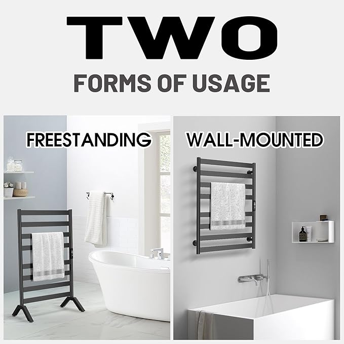Paraheeter Wall Mounted & Freestanding Heated Towel Rack for Bathrooms. Electric Towel Warmer Rack Heater, Stainless Steel Black.