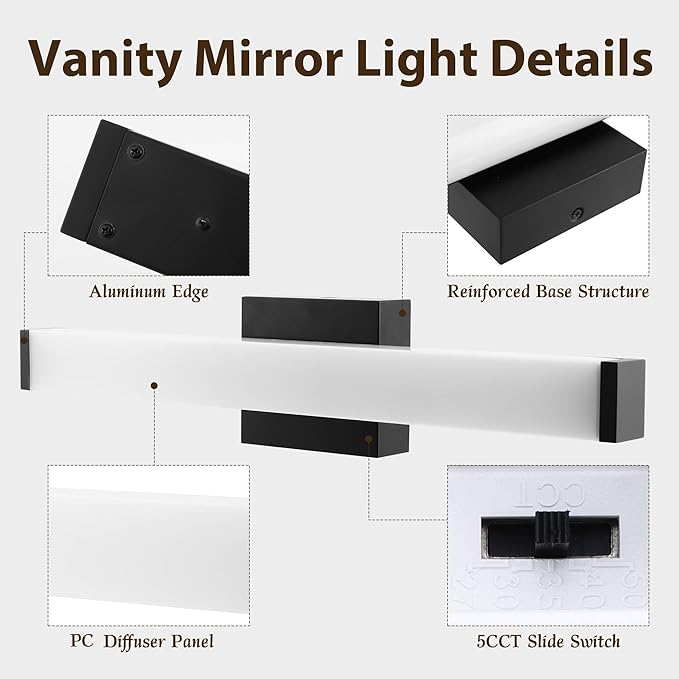 Bathroom Light Fixtures Over Mirror 22IN, 19W 5CCT Dimmable Modern Vanity Lights,Black Bar Vanity Light for Bathroom Mirror Restroom, Wall Light Fixtures Vanity Lighting