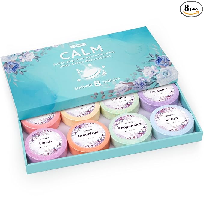 CalmNFiz Shower Steamers 8 Pack Set Shower Bombs Tablets in Box with 8 Fragrances with Shea Butter for Self-Care & Relaxation, Idea for Valentine's Day, Women and Men