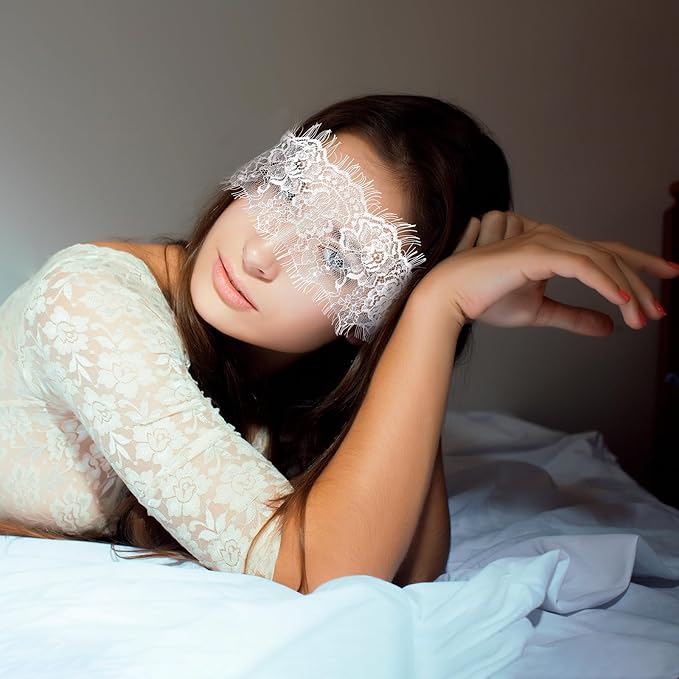FRESHME Lace Blindfold Sleep Mask - White Flower Embroidery See-Through Blind Fold Adjustable Eyes Covers for Women Couple Bed Night Sleeping Time Gift