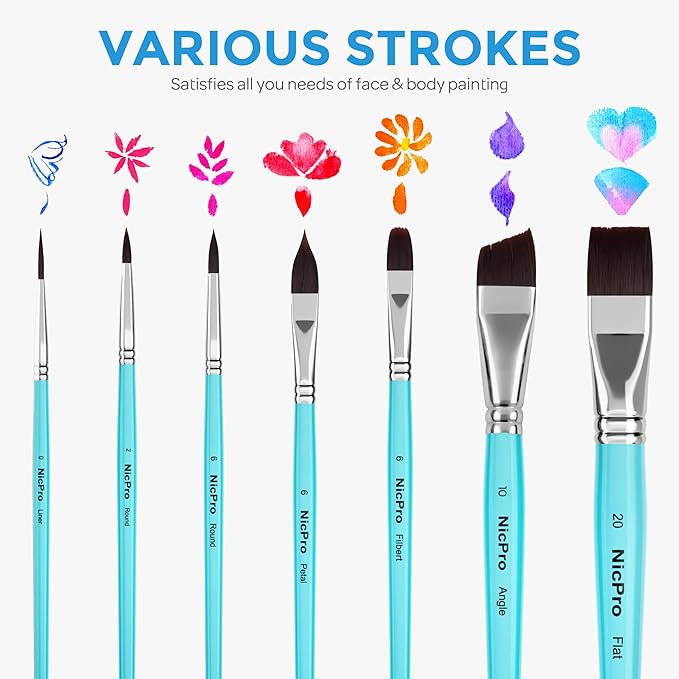 Nicpro Face Paint Brush Set, 7PCS Face & Body Painting Brushes with Aqua Blue Handles, Synthetic Nylon Hair Makeup Paintbrush Kit for Kids, Halloween, Cosplay, School Events & Summer Camp