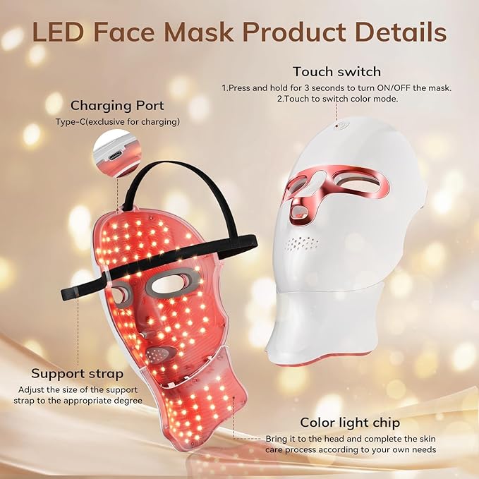 ONLUKY Red Light Therapy Mask for Face,Cordless LED Face Mask Light Therapy,USB C Rechargeable,Infrared Lights Masks for Home Working Travel Yoga Sleep