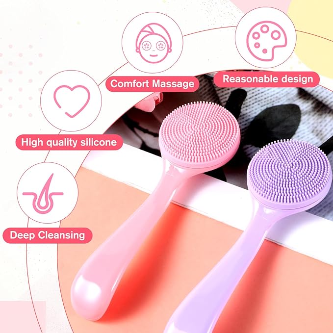 2 Pcs Face Scrubber Silicone Manual Facial Cleansing Brush Soft Facial Brushes Waterproof Exfoliating Brush Skin Friendly Face Cleaner Brushes for Blackheads Makeup Residues Removal (Pink + Purple)